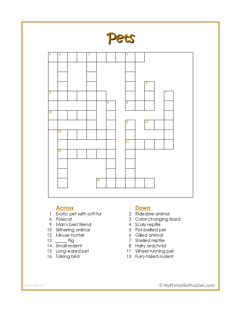 Pets Crossword Puzzle Intermediate My Printable Puzzles Pets Crossword Puzzle Intermediate My Printable Puzzles