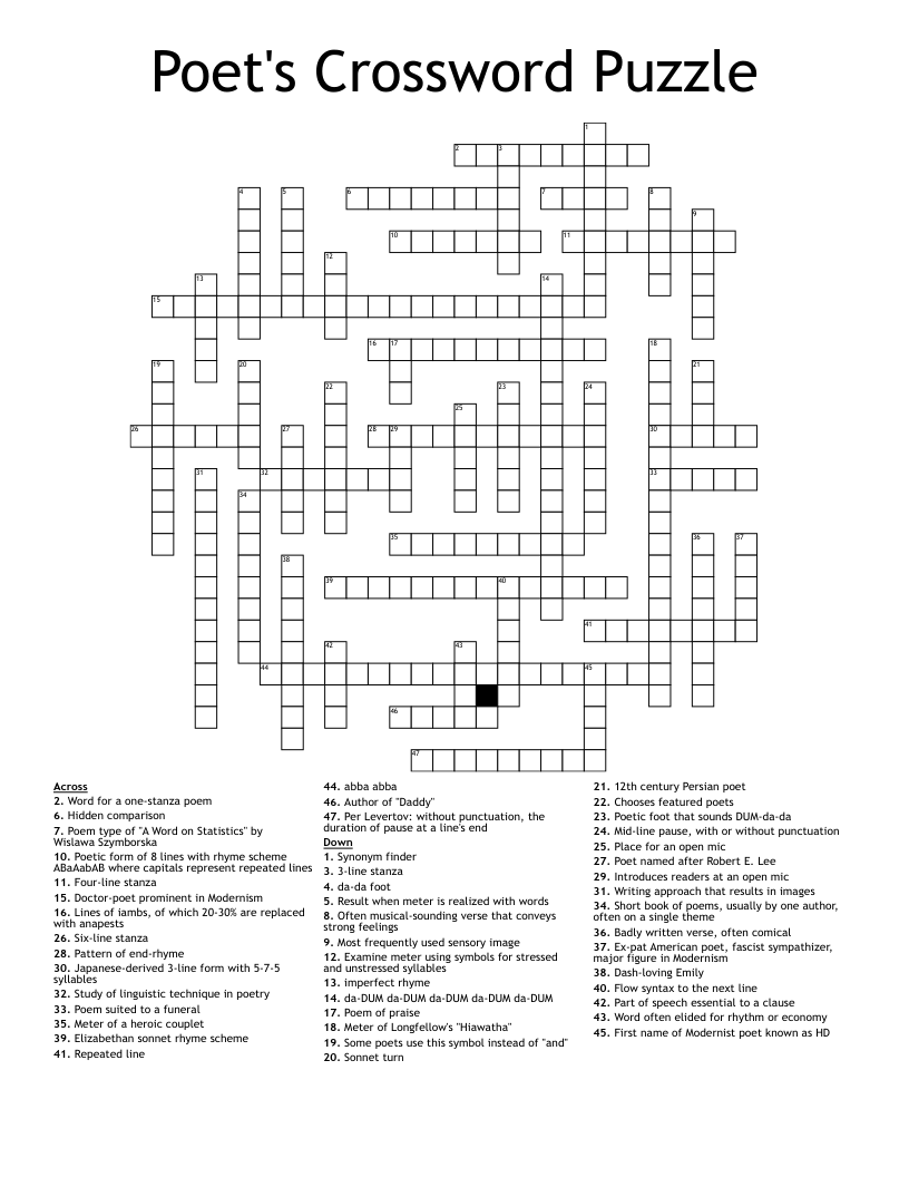 Poet s Crossword Puzzle WordMint Poet s Crossword Puzzle WordMint