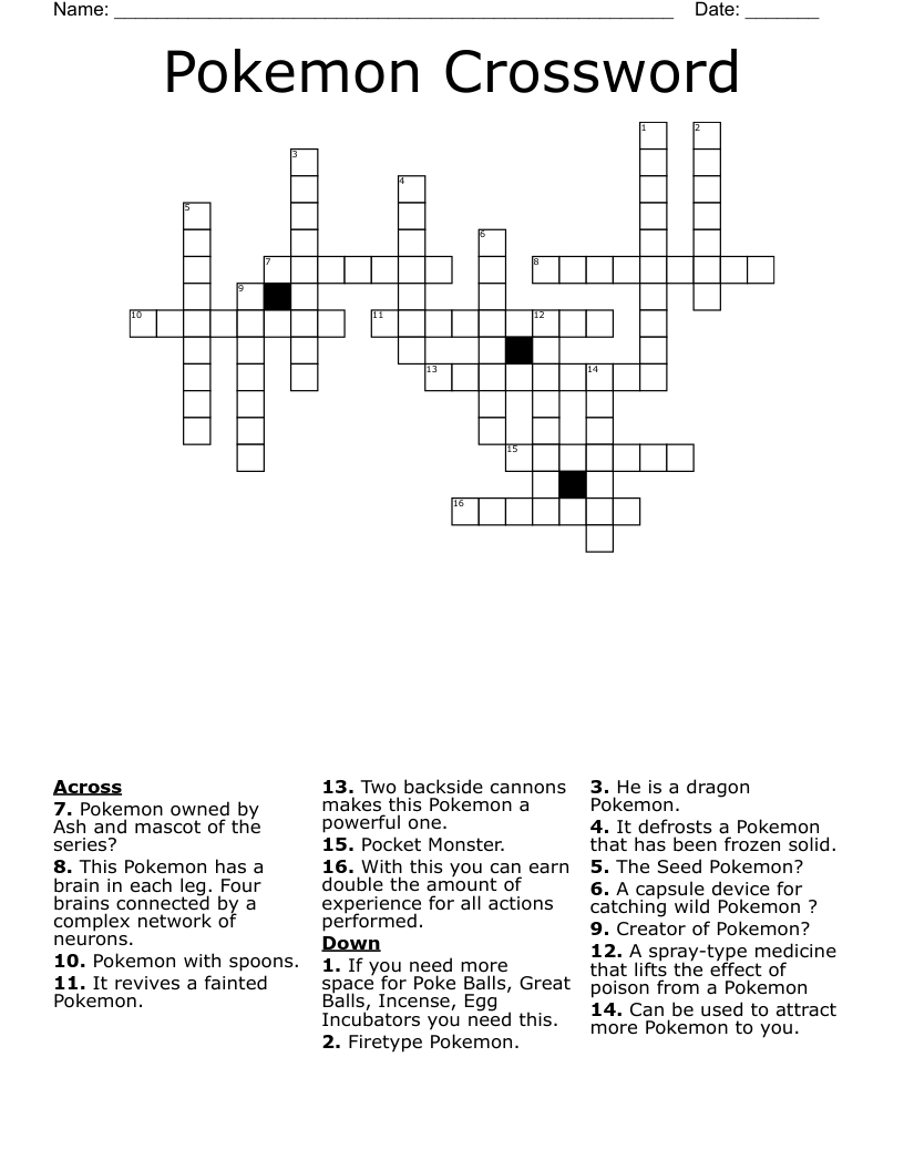 Pokemon Crossword WordMint Pokemon Crossword WordMint