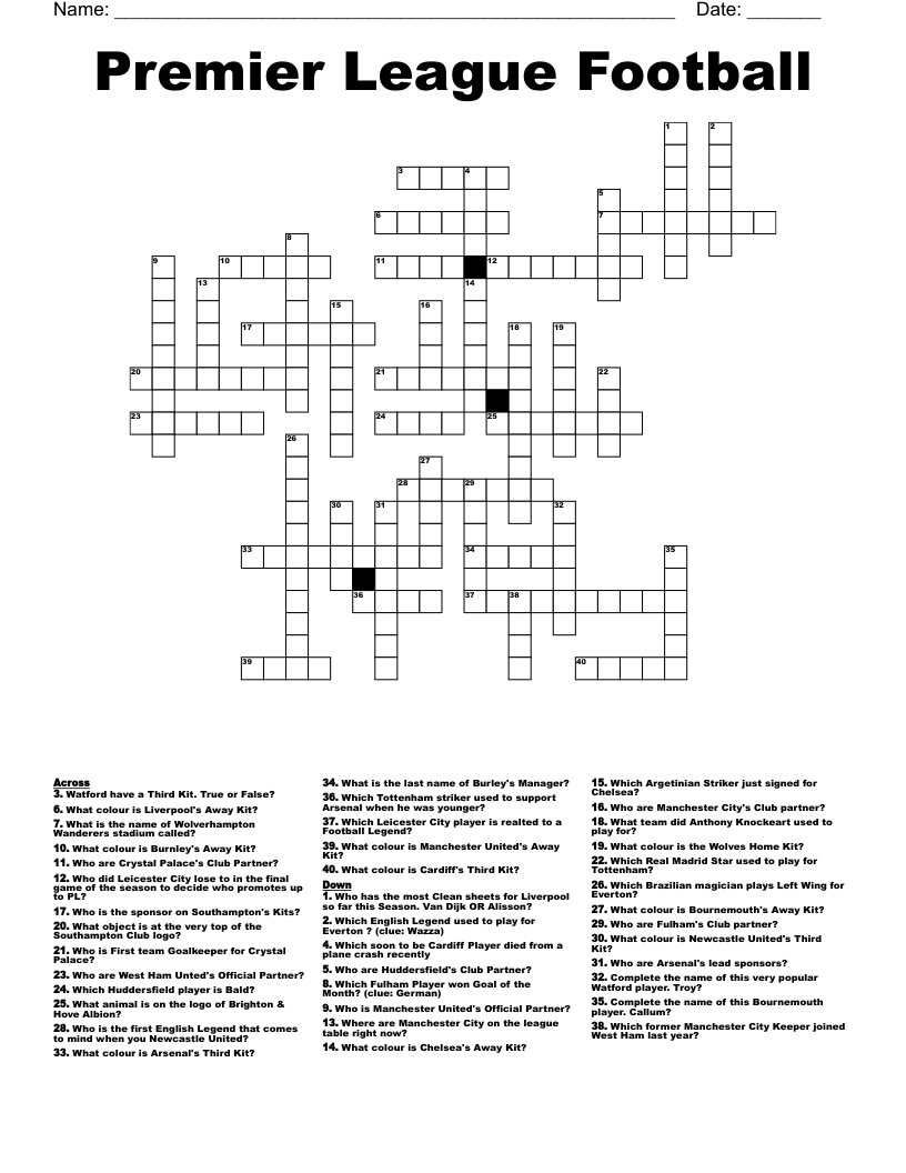 Premier League Football Crossword WordMint Premier League Football Crossword WordMint