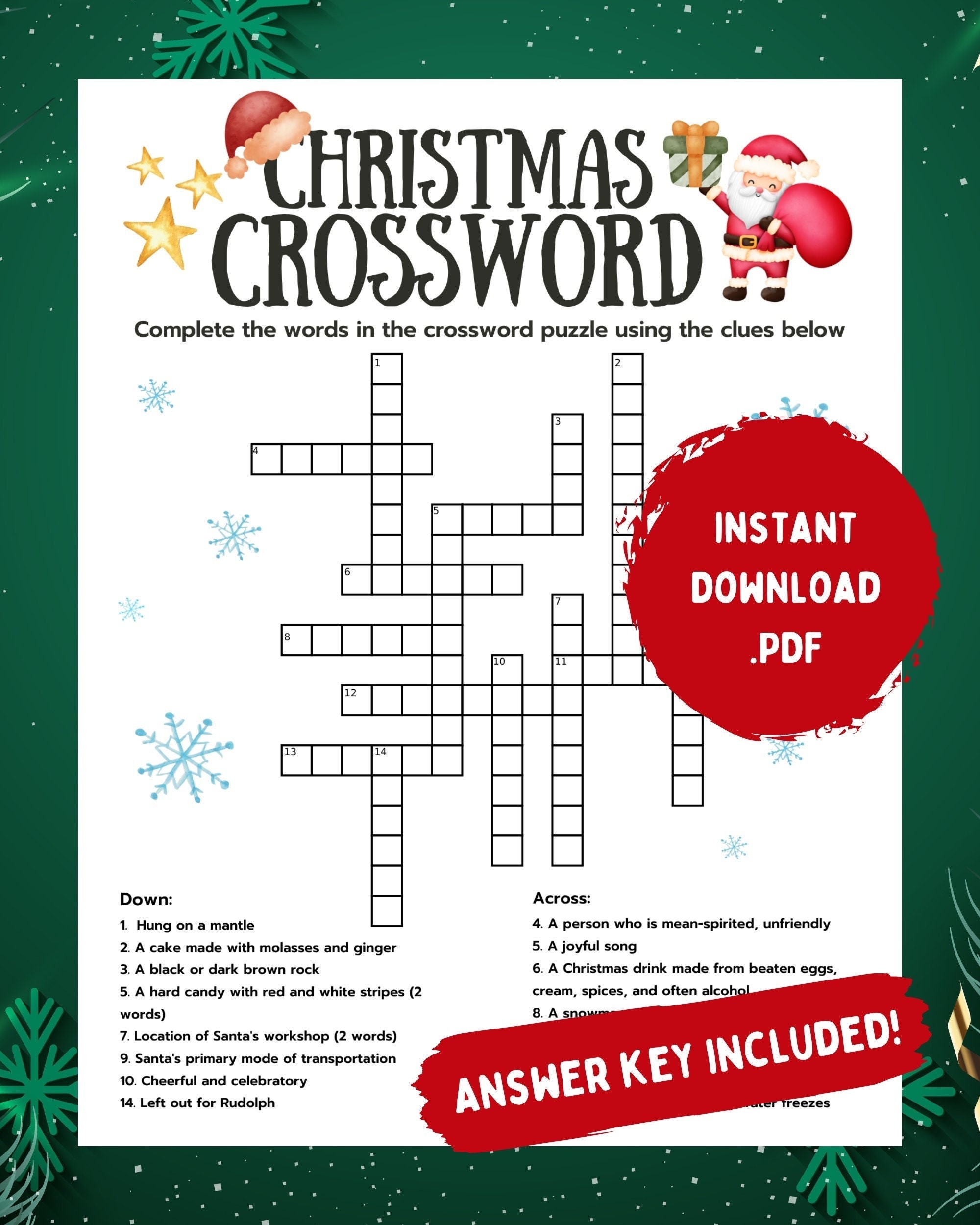Printable Christmas Crossword Puzzle With Answer Key digital Download Etsy Printable Christmas Crossword Puzzle With Answer Key digital Download Etsy