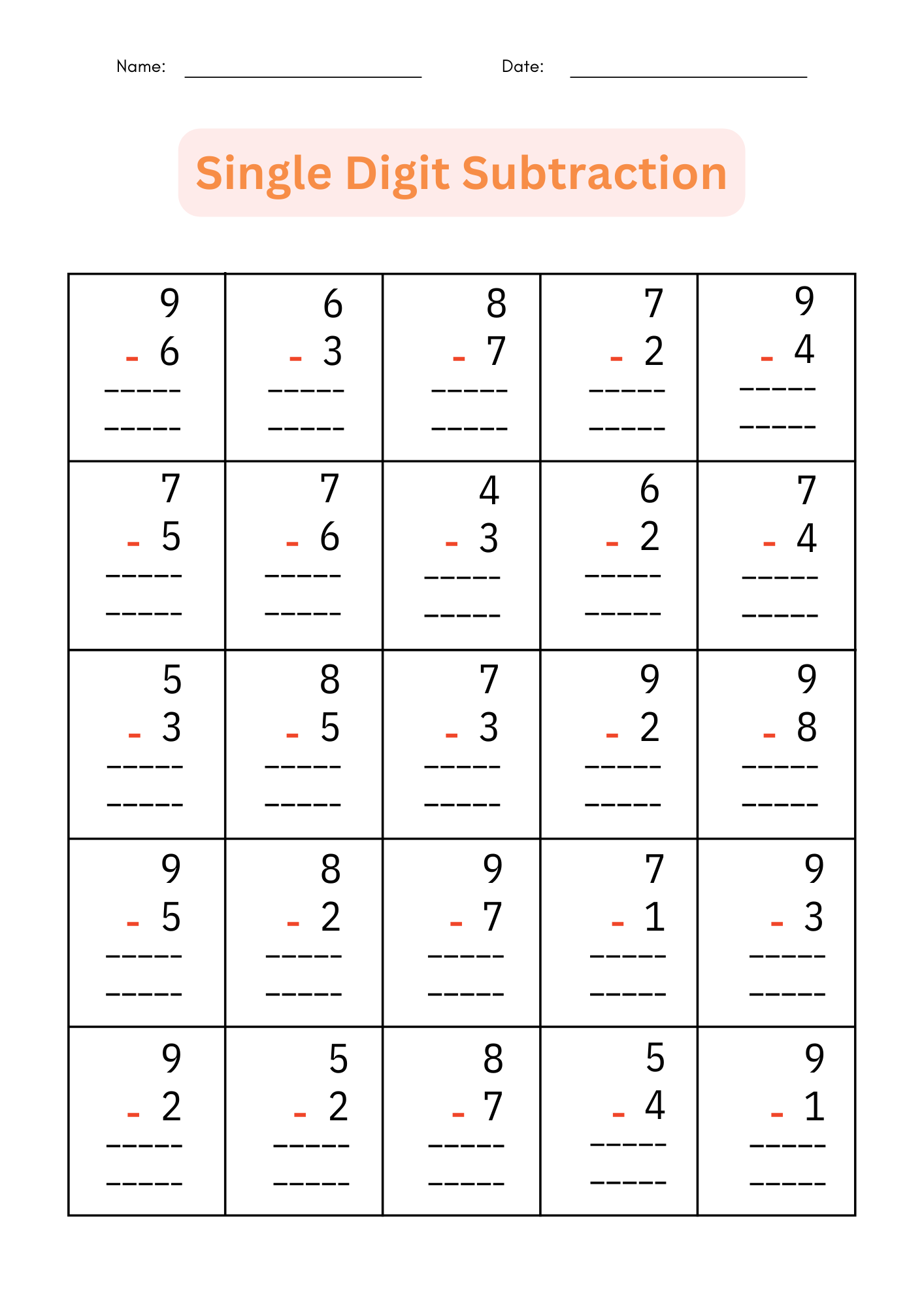 single digit subtraction worksheets single digit subtraction worksheets