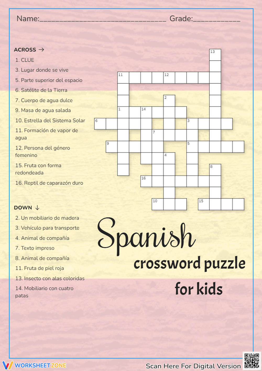 Printable Spanish Crossword Puzzle Worksheets