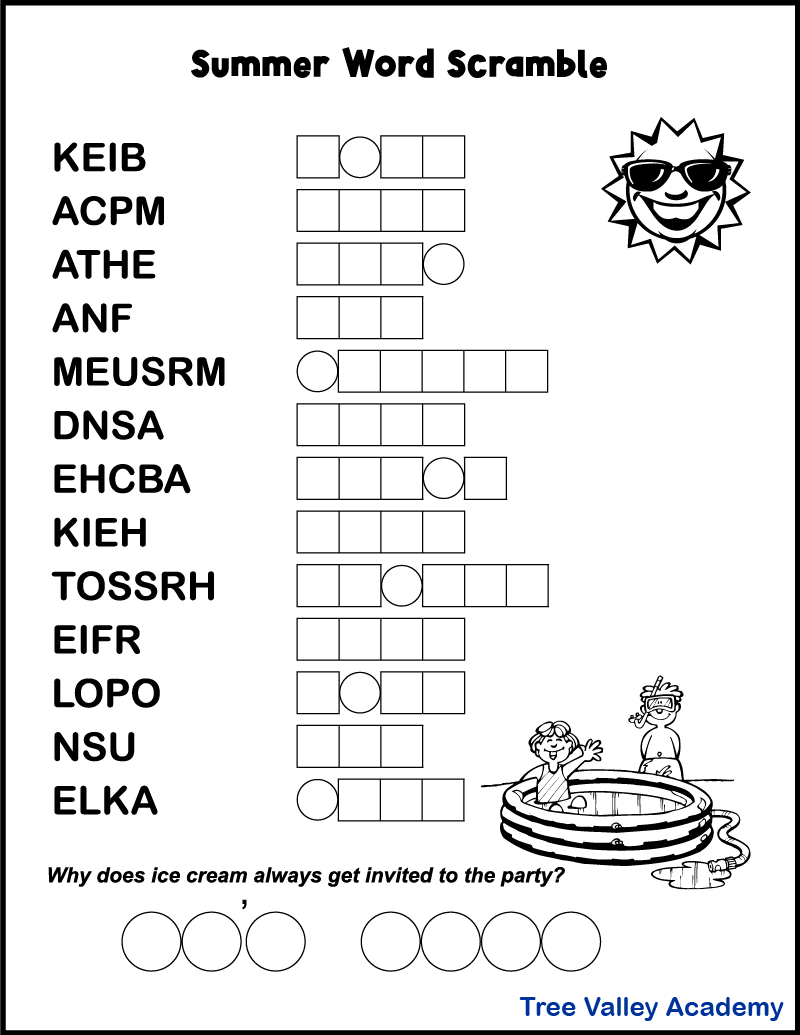 Printable Summer Word Scrambles For Kids Tree Valley Academy Printable Summer Word Scrambles For Kids Tree Valley Academy