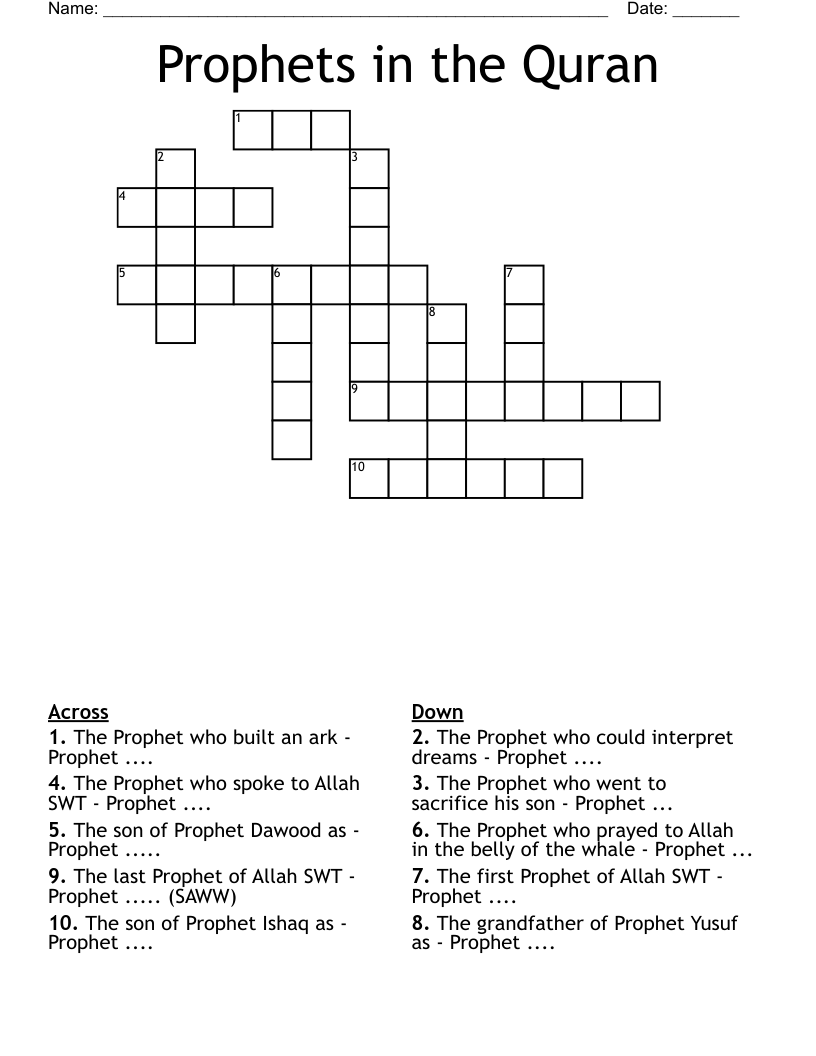 Prophets In The Quran Crossword WordMint Prophets In The Quran Crossword WordMint