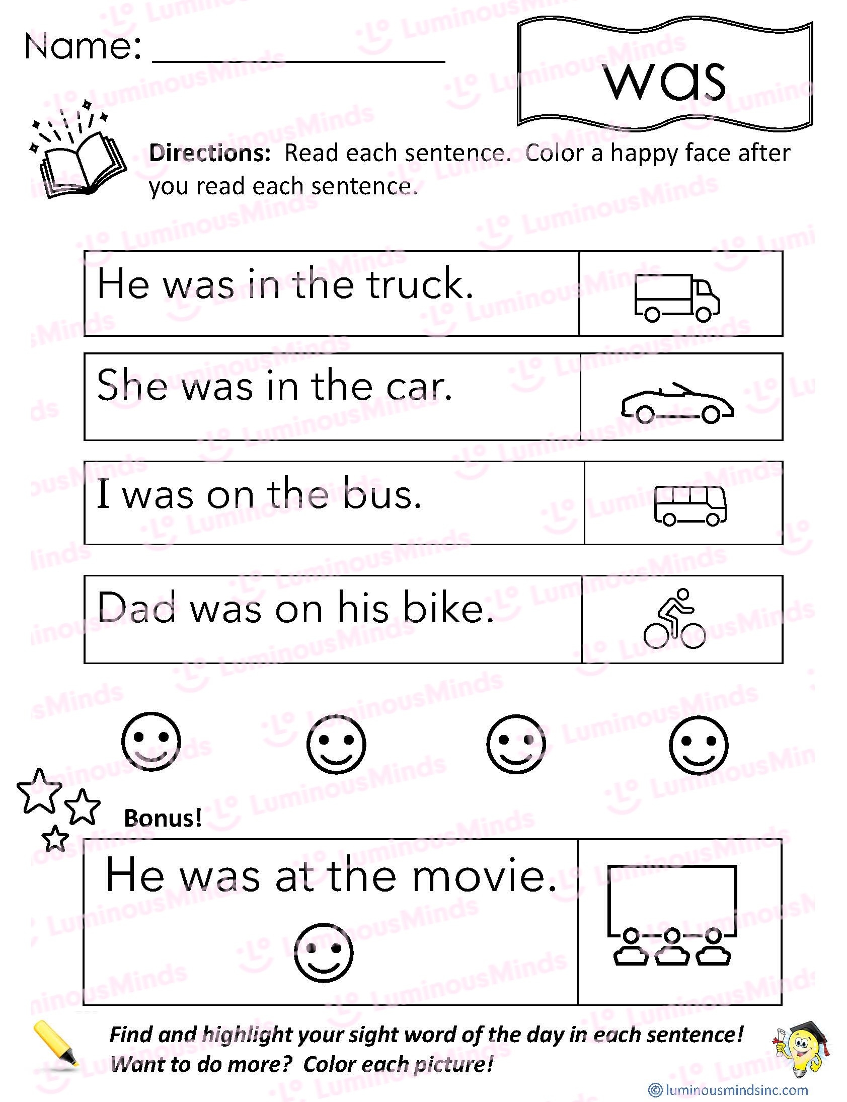 Reading Comprehension Worksheets Reading With Sight Word Was Reading Comprehension Worksheets Reading With Sight Word Was