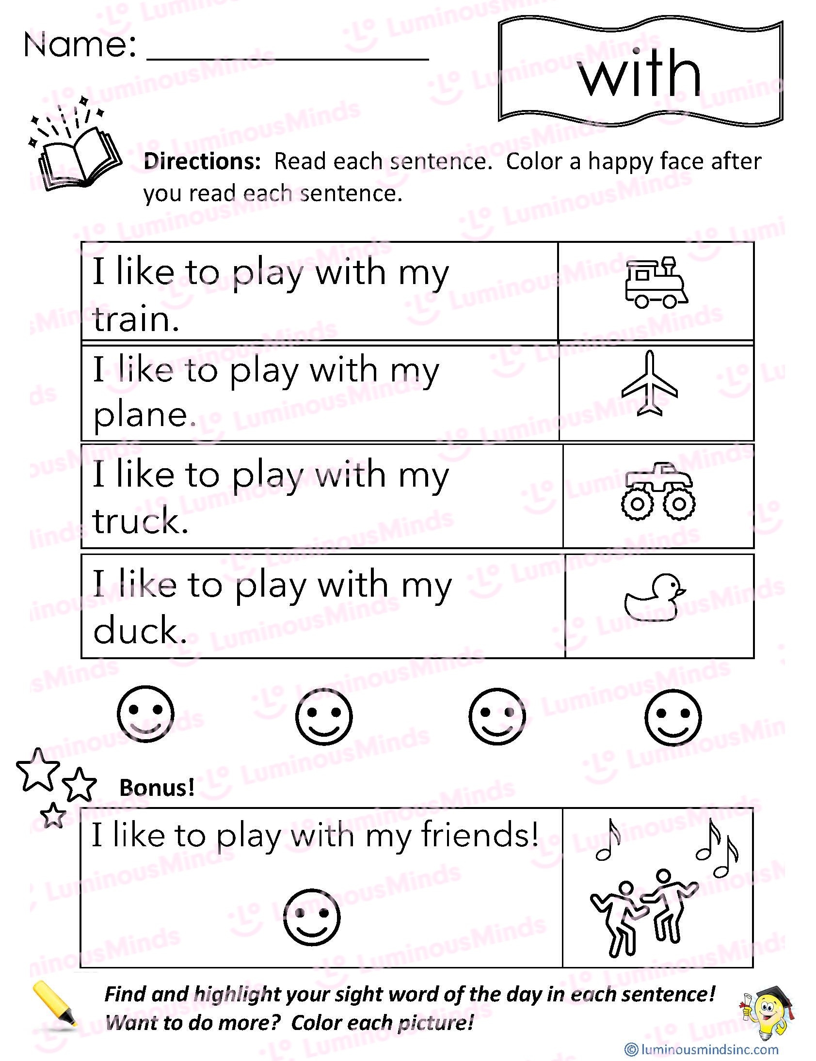 Reading Comprehension Worksheets Reading With Sight Word With