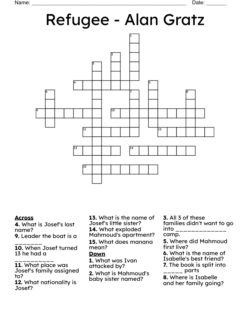 Refugee Alan Gratz Crossword WordMint Refugee Alan Gratz Crossword WordMint
