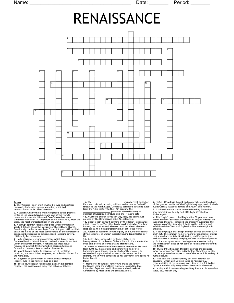 RENAISSANCE Crossword WordMint RENAISSANCE Crossword WordMint