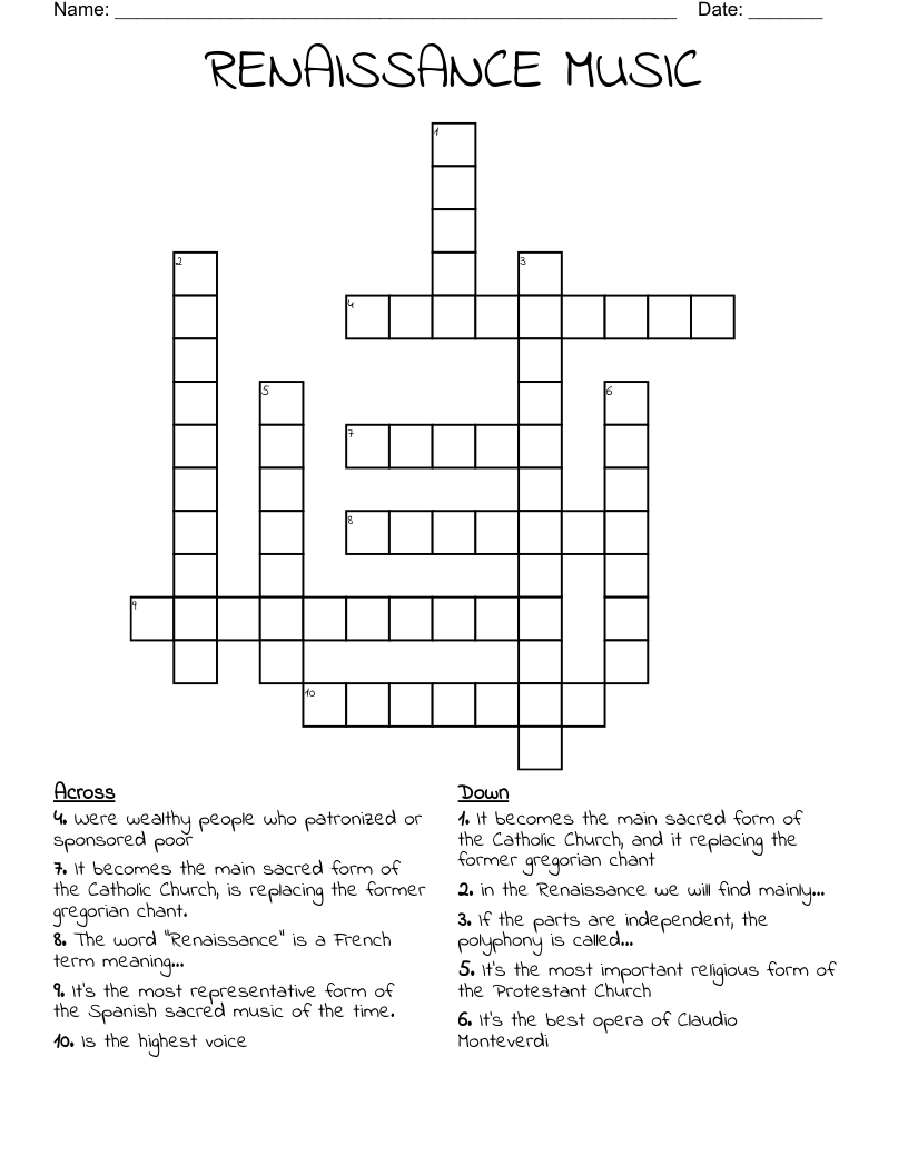 RENAISSANCE MUSIC Crossword WordMint RENAISSANCE MUSIC Crossword WordMint