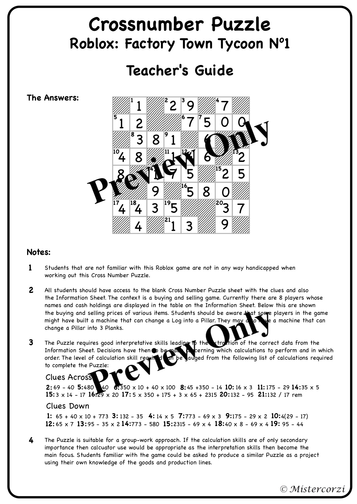 Roblox Factory Town Tycoon Cross Number Puzzle No1 Teaching Resources Roblox Factory Town Tycoon Cross Number Puzzle No1 Teaching Resources