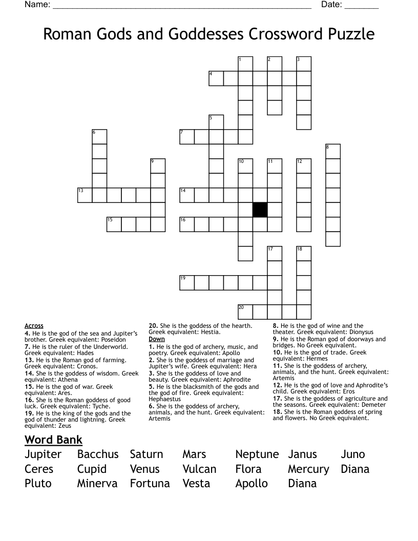 Roman Gods And Goddesses Crossword Puzzle WordMint Roman Gods And Goddesses Crossword Puzzle WordMint