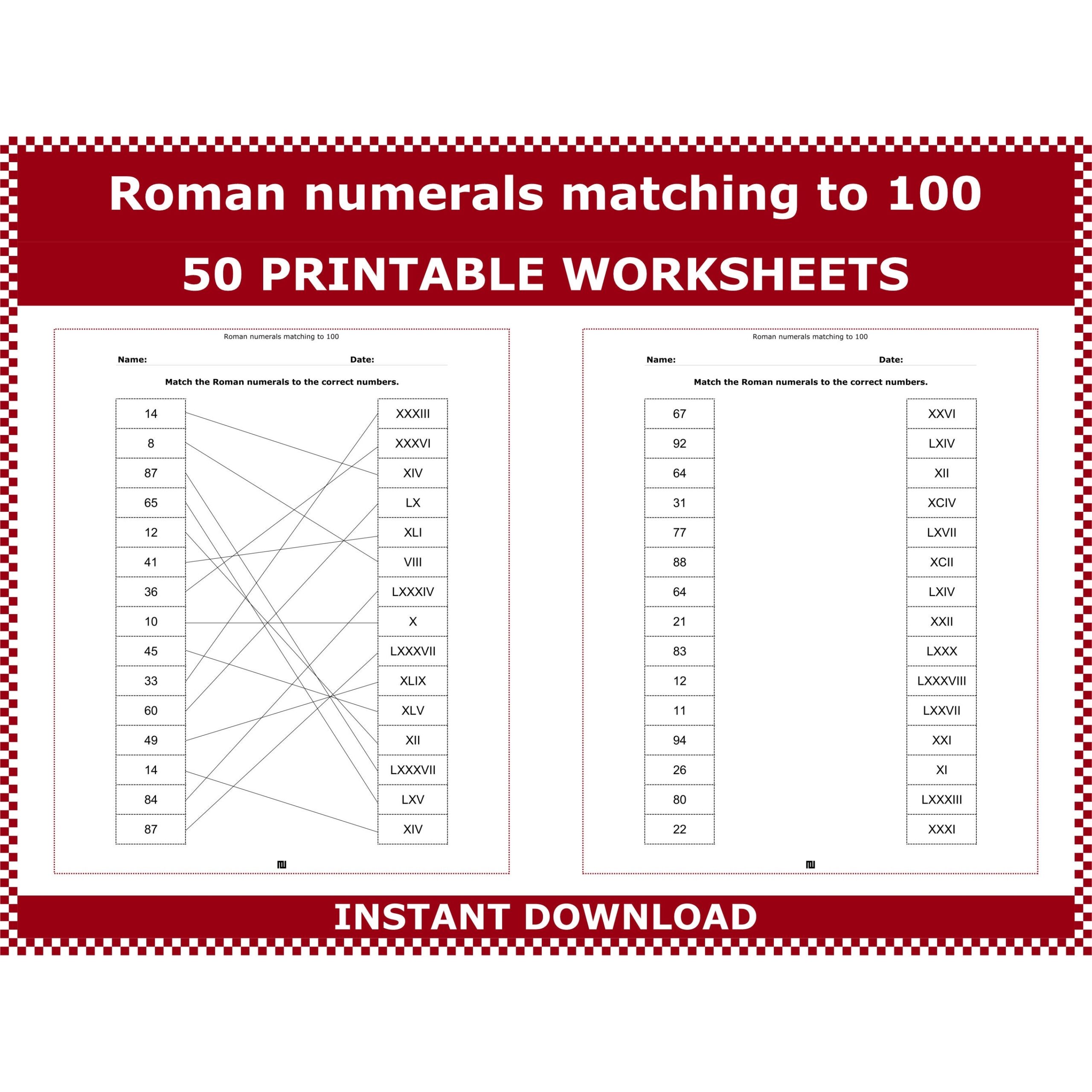 Roman Numerals Matching Worksheet Numbers 1 100 PDF Etsy Roman Numerals Matching Worksheet Numbers 1 100 PDF Etsy