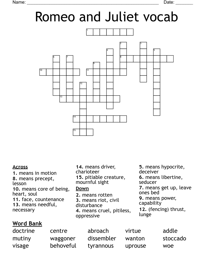 Romeo And Juliet Vocab Crossword WordMint Romeo And Juliet Vocab Crossword WordMint