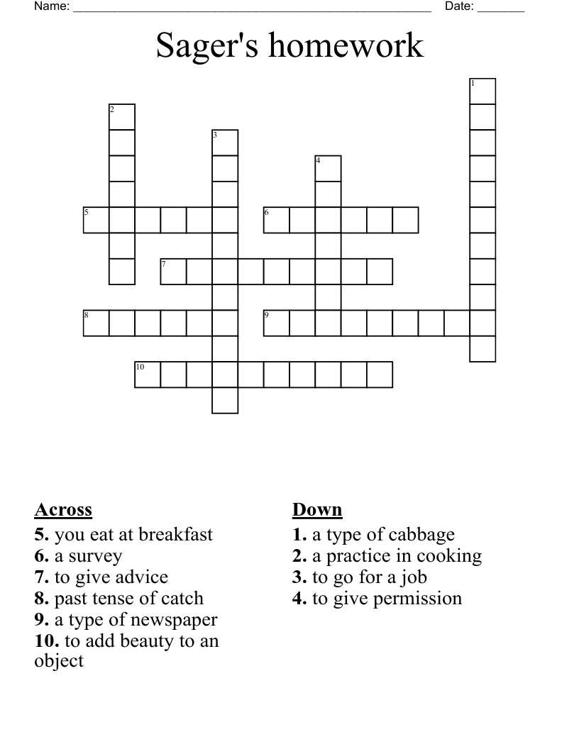 Sager s Homework Crossword WordMint Sager s Homework Crossword WordMint