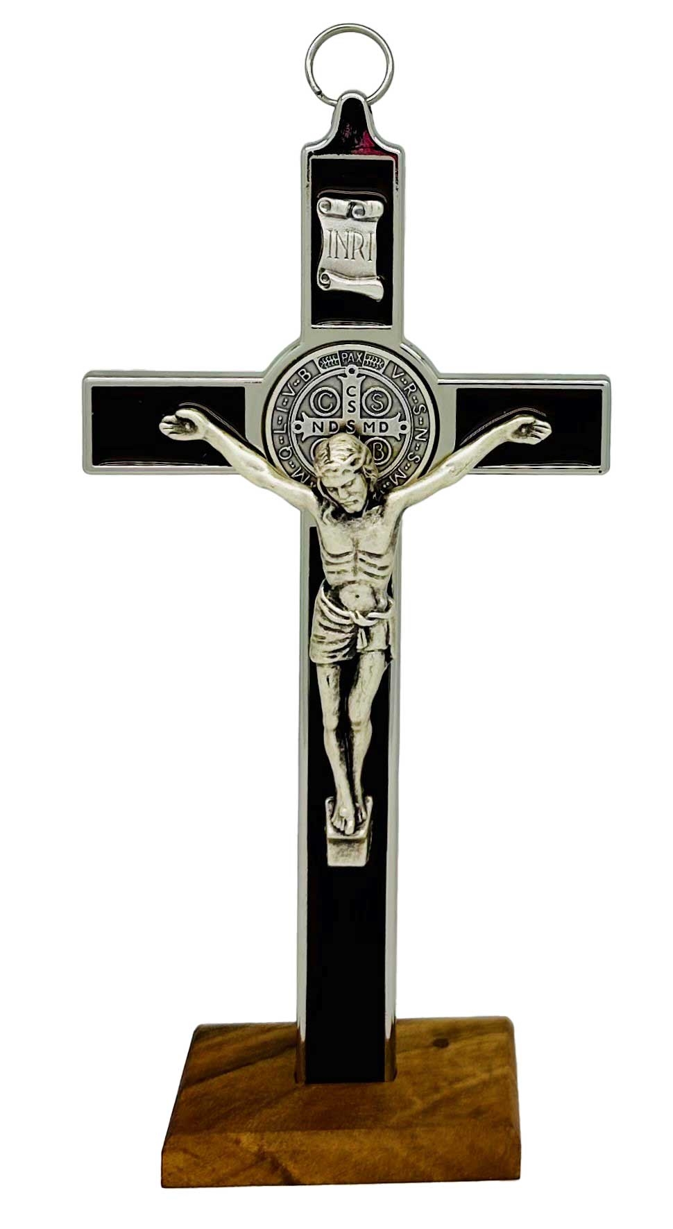 Saint Benedict 8 Inch Standing Crucifix Silver With Brown Enamel On Olivewood Base Made In Italy