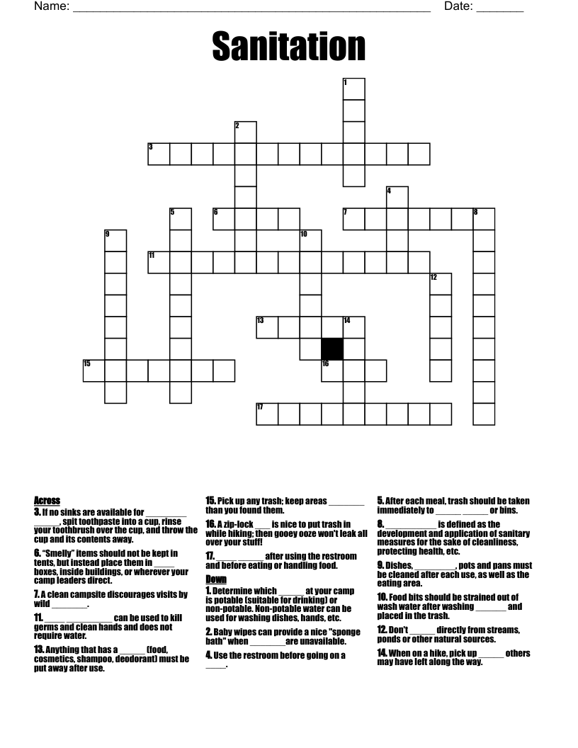 Sanitation Crossword WordMint Sanitation Crossword WordMint