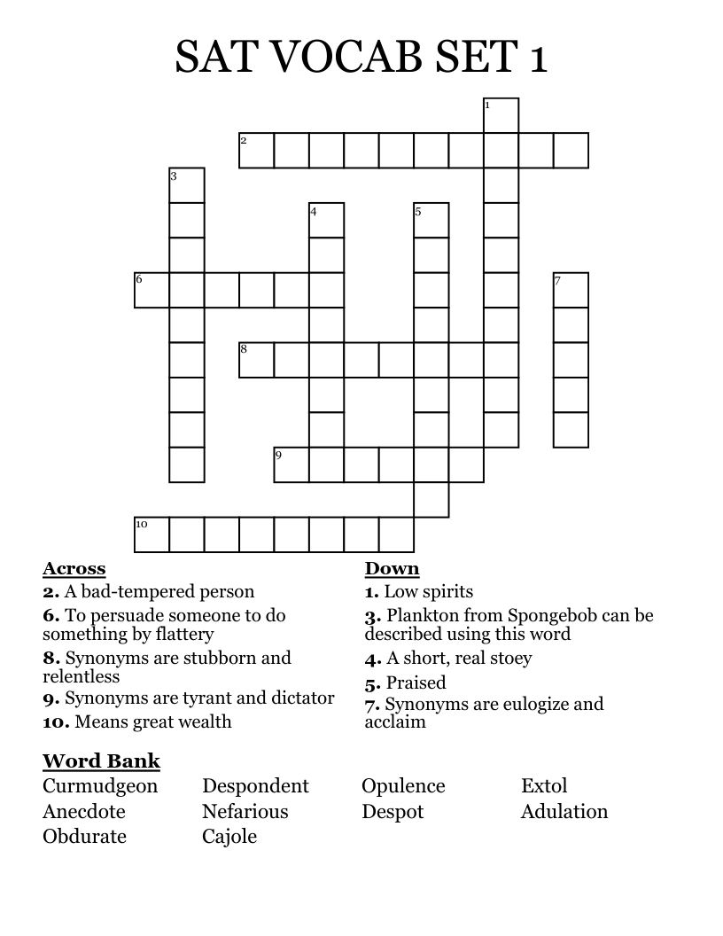 SAT VOCAB SET 1 Crossword WordMint SAT VOCAB SET 1 Crossword WordMint