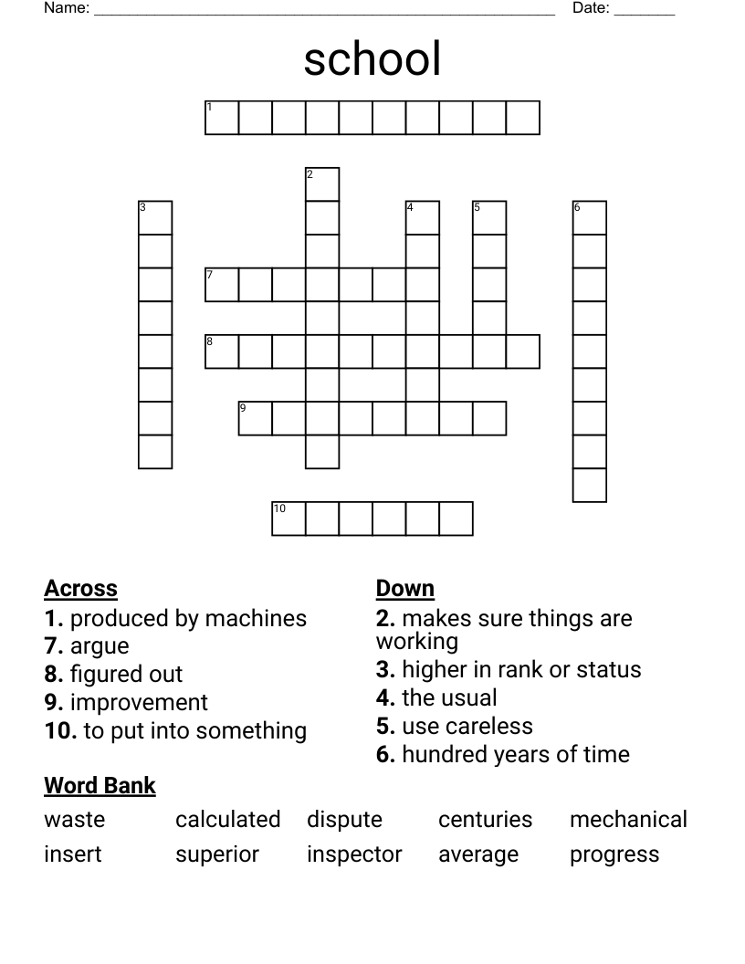 School Crossword WordMint School Crossword WordMint
