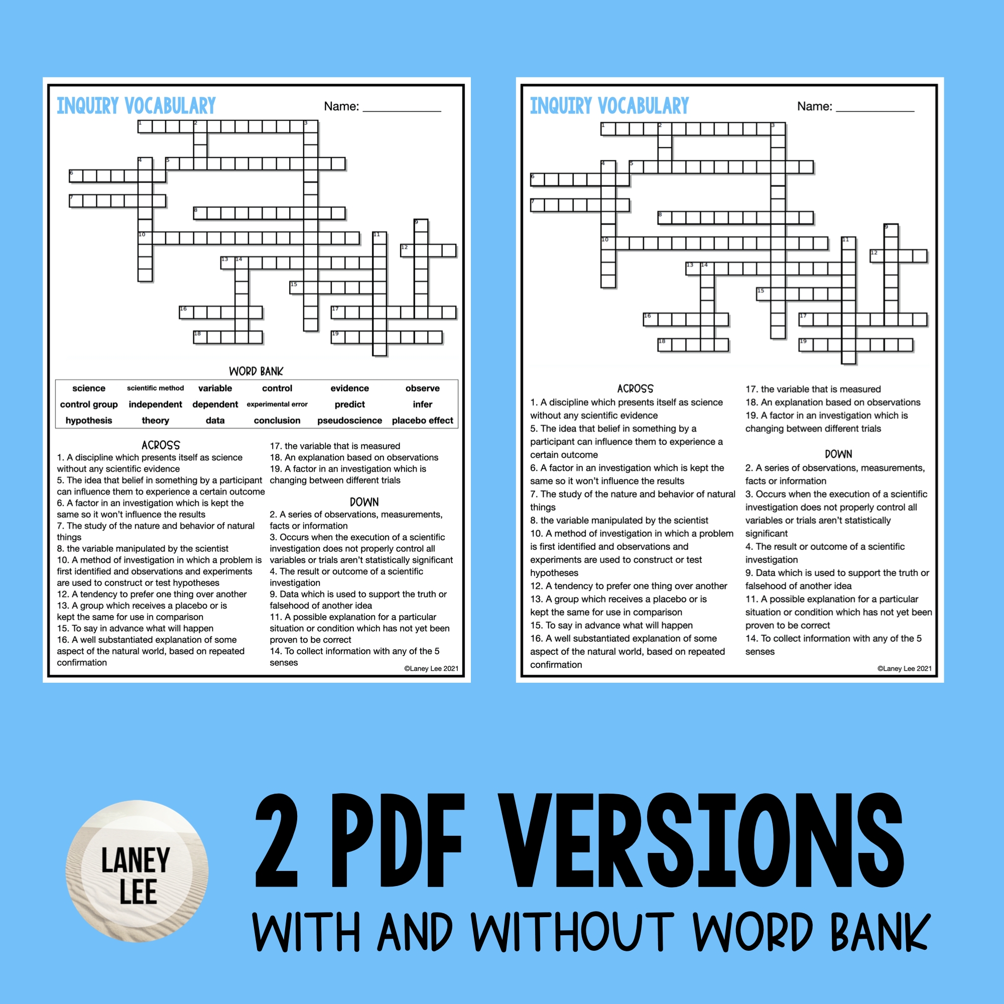 Scientific Method Vocabulary Puzzle Laney Lee Scientific Method Vocabulary Puzzle Laney Lee