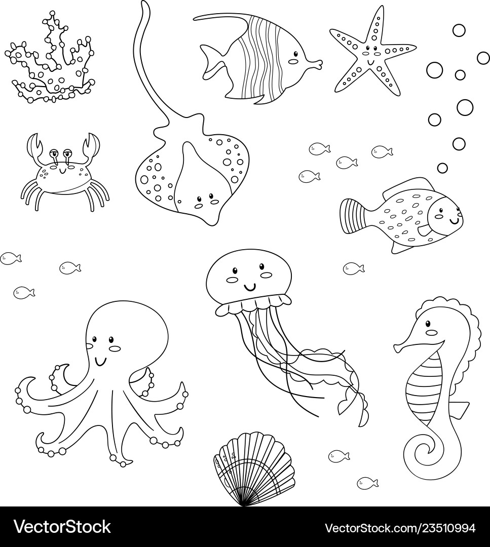 Sea Animal Coloring Page Set Royalty Free Vector Image Sea Animal Coloring Page Set Royalty Free Vector Image