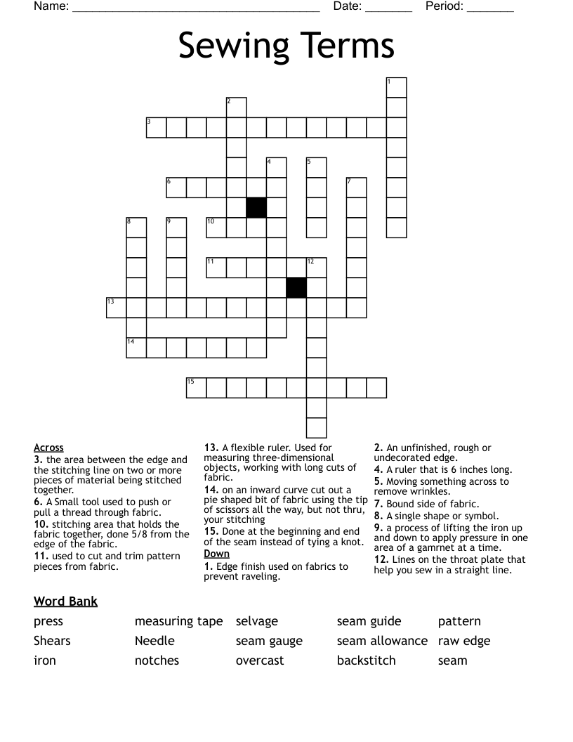 Sewing Terms Crossword WordMint
