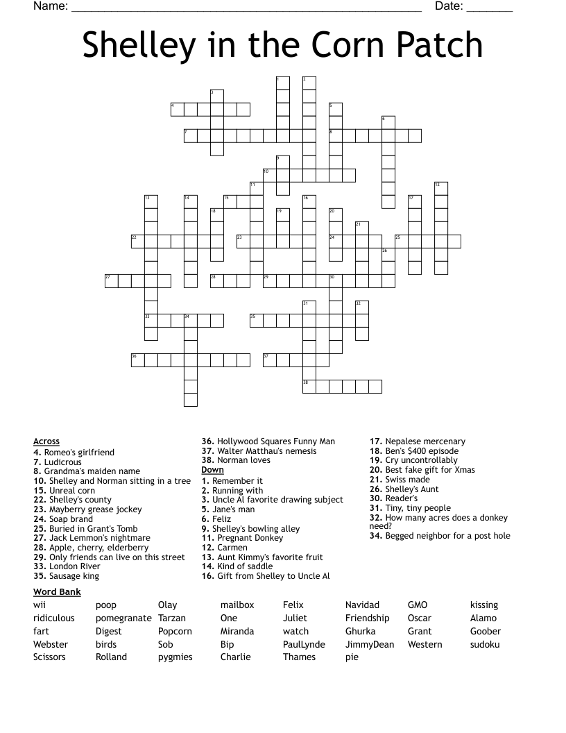 Shelley In The Corn Patch Crossword WordMint Shelley In The Corn Patch Crossword WordMint