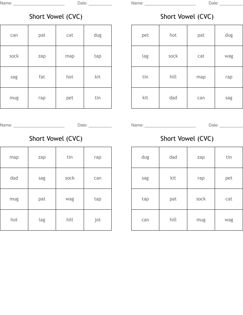 Short Vowel CVC Bingo Cards WordMint