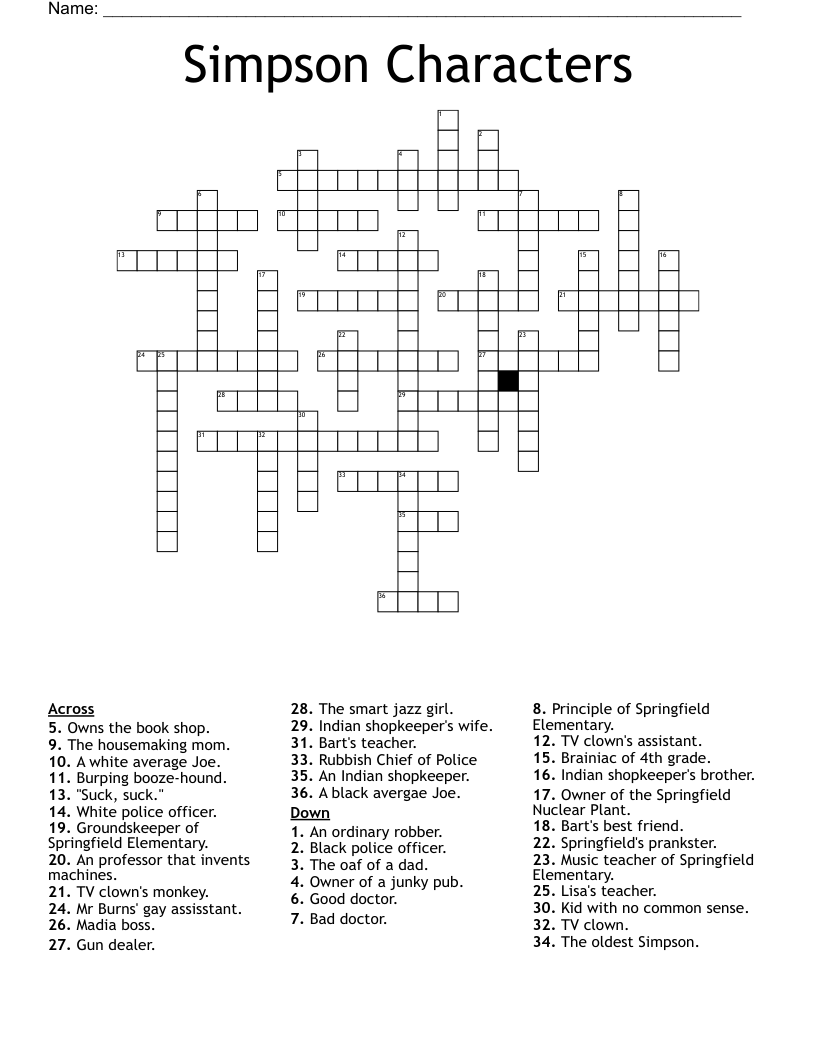 Simpson Characters Crossword WordMint Simpson Characters Crossword WordMint