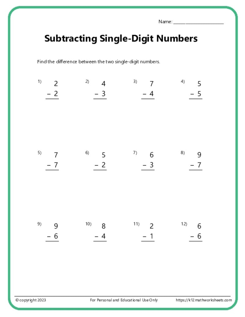 Single Digit Subtraction Worksheets K12 Math Worksheets Single Digit Subtraction Worksheets K12 Math Worksheets