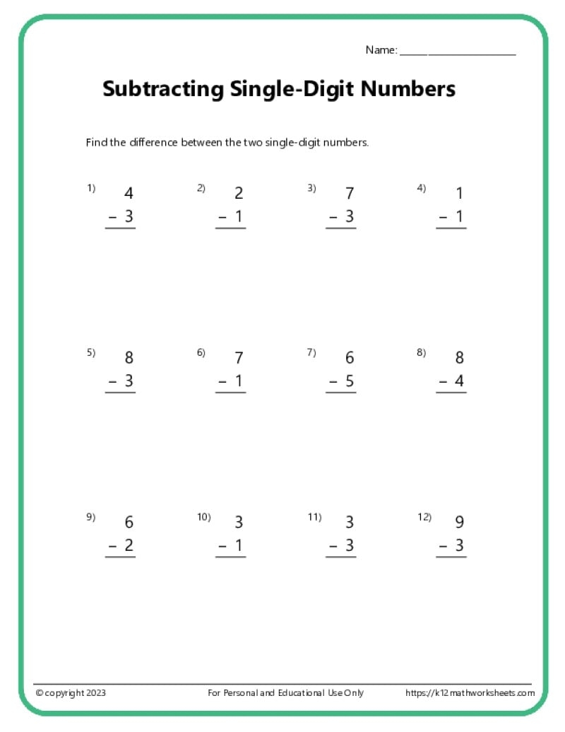 Single Digit Subtraction Worksheets K12 Math Worksheets Single Digit Subtraction Worksheets K12 Math Worksheets