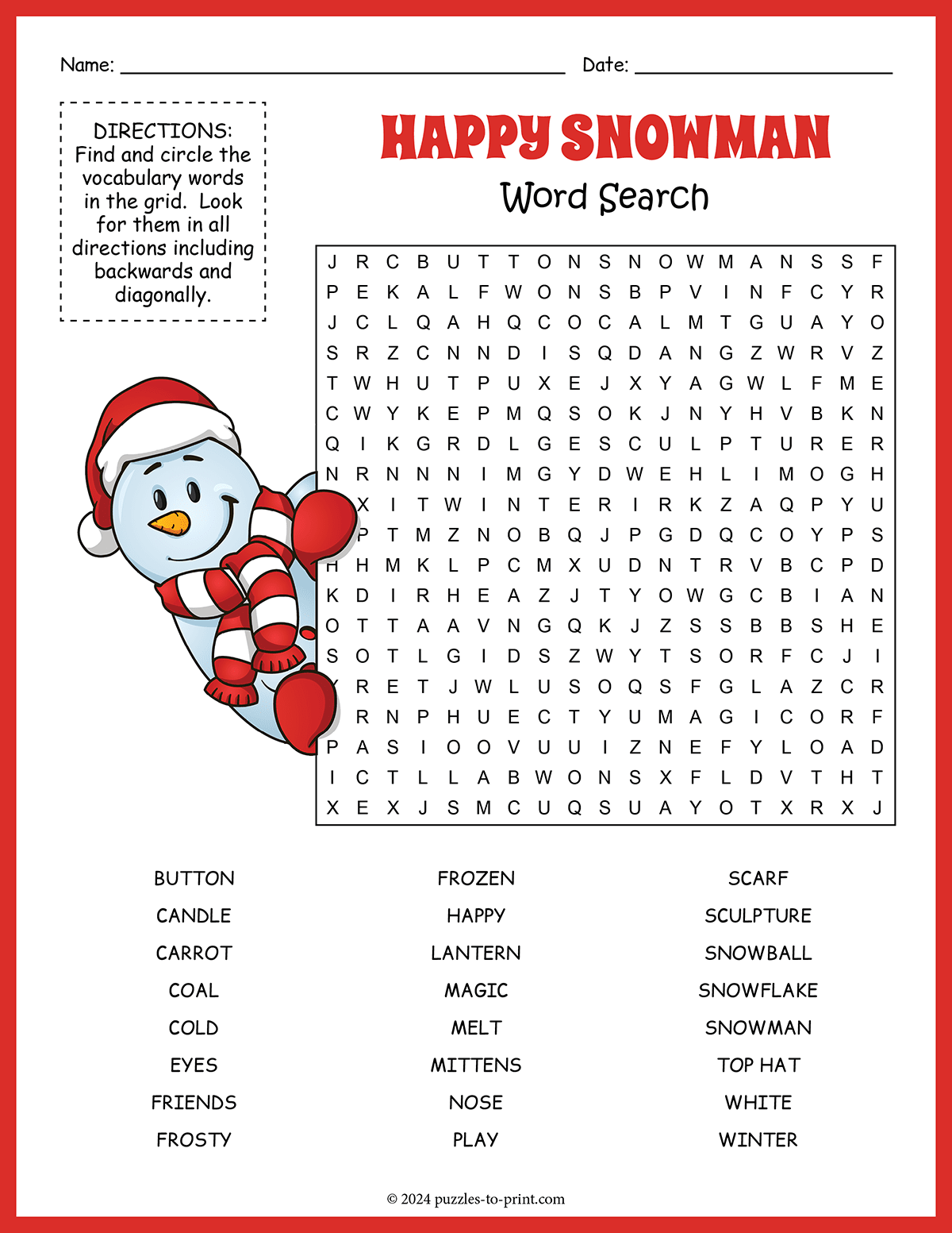Snowman Word Search Snowman Word Search