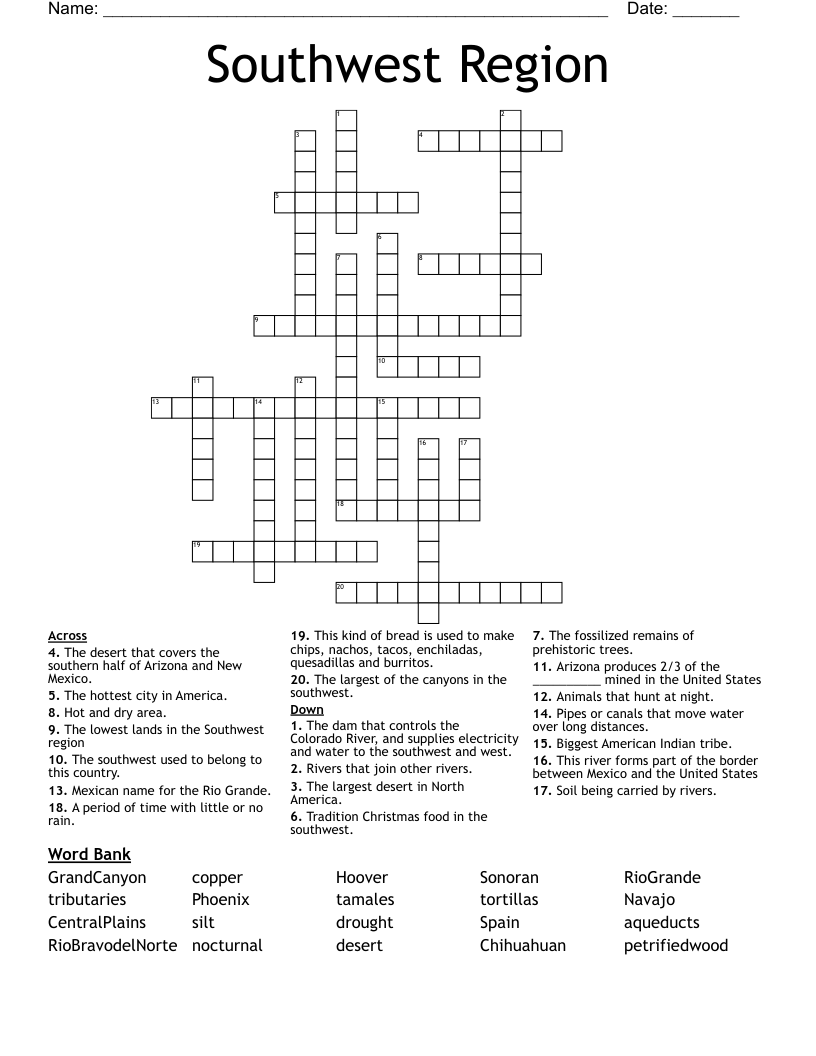 Southwest Region Crossword WordMint Southwest Region Crossword WordMint