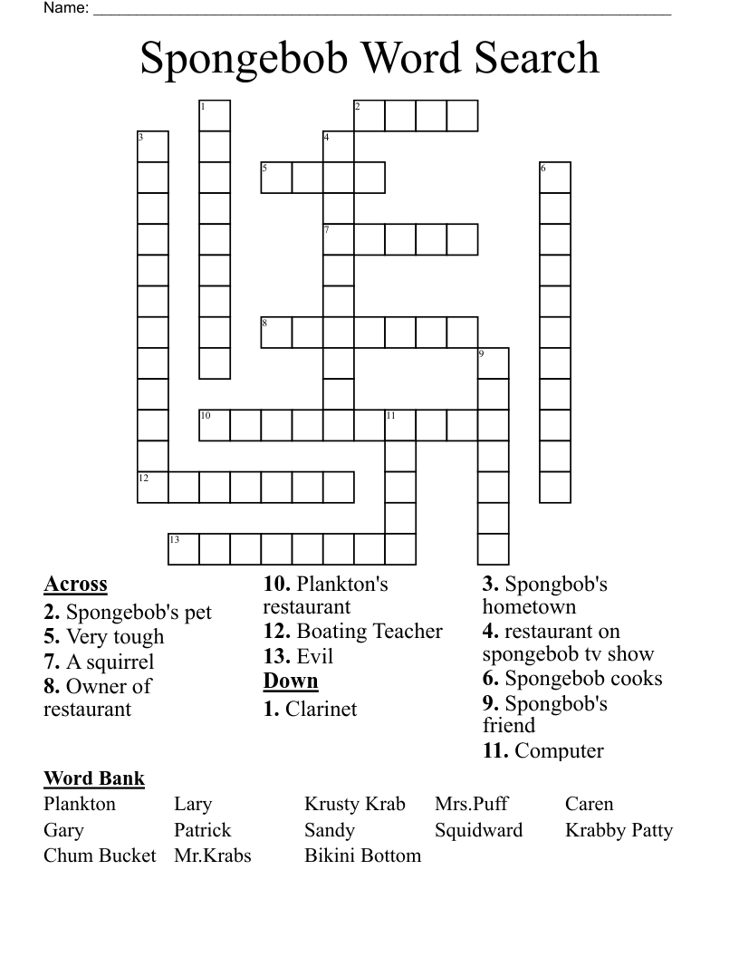 Spongebob Word Search Crossword WordMint Spongebob Word Search Crossword WordMint