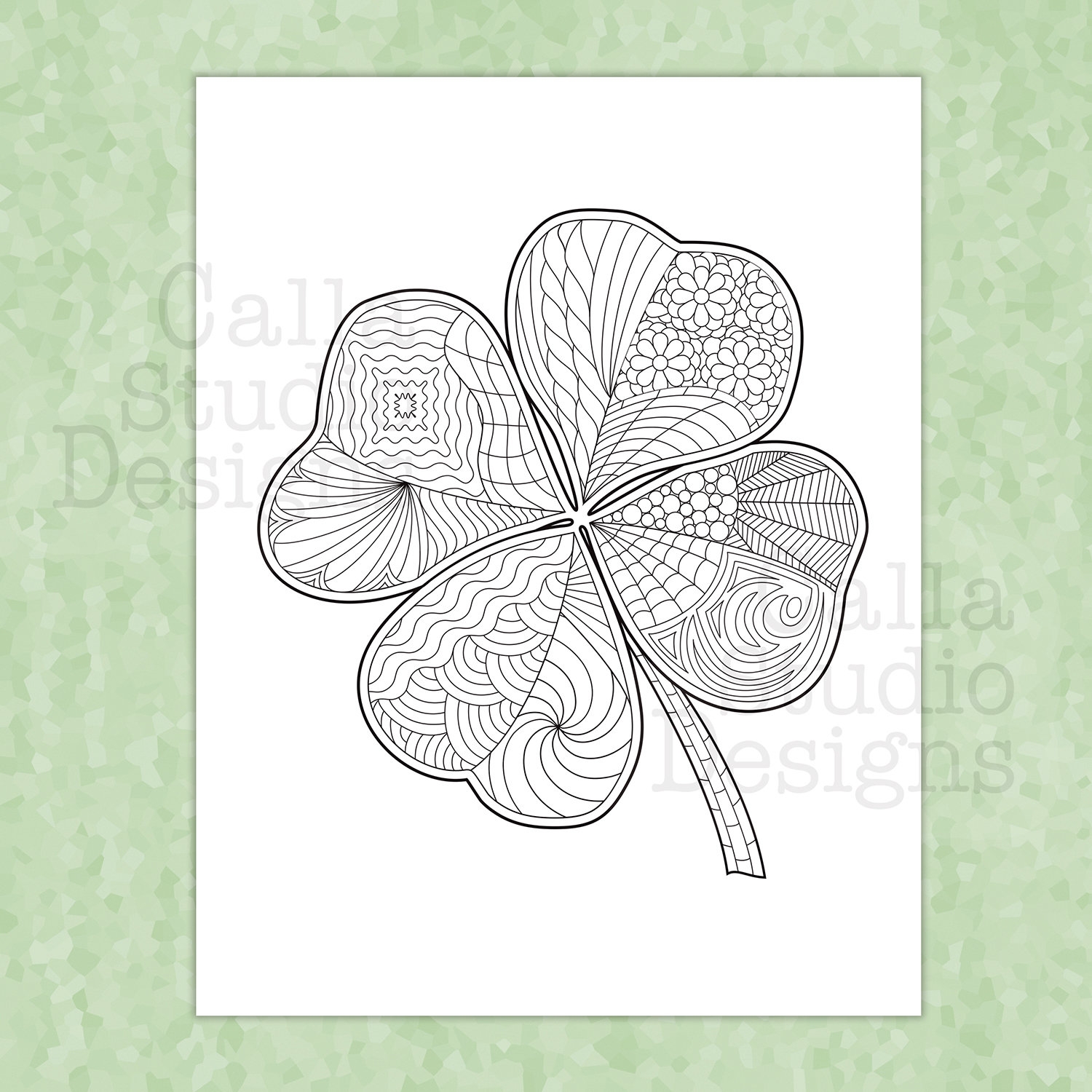 St Patricks Day Shamrock Coloring Page Zentangle Inspired Four Leaf Clover Instant Digital Download Etsy