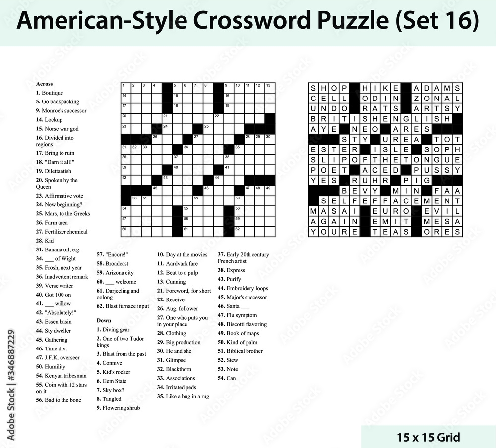 Stock Vektorgrafik American Style Crossword Puzzle With A 15 X 15 Grid Includes Blank Crossword Grid Clues And Solution Adobe Stock Stock Vektorgrafik American Style Crossword Puzzle With A 15 X 15 Grid Includes Blank Crossword Grid Clues And Solution Adobe Stock