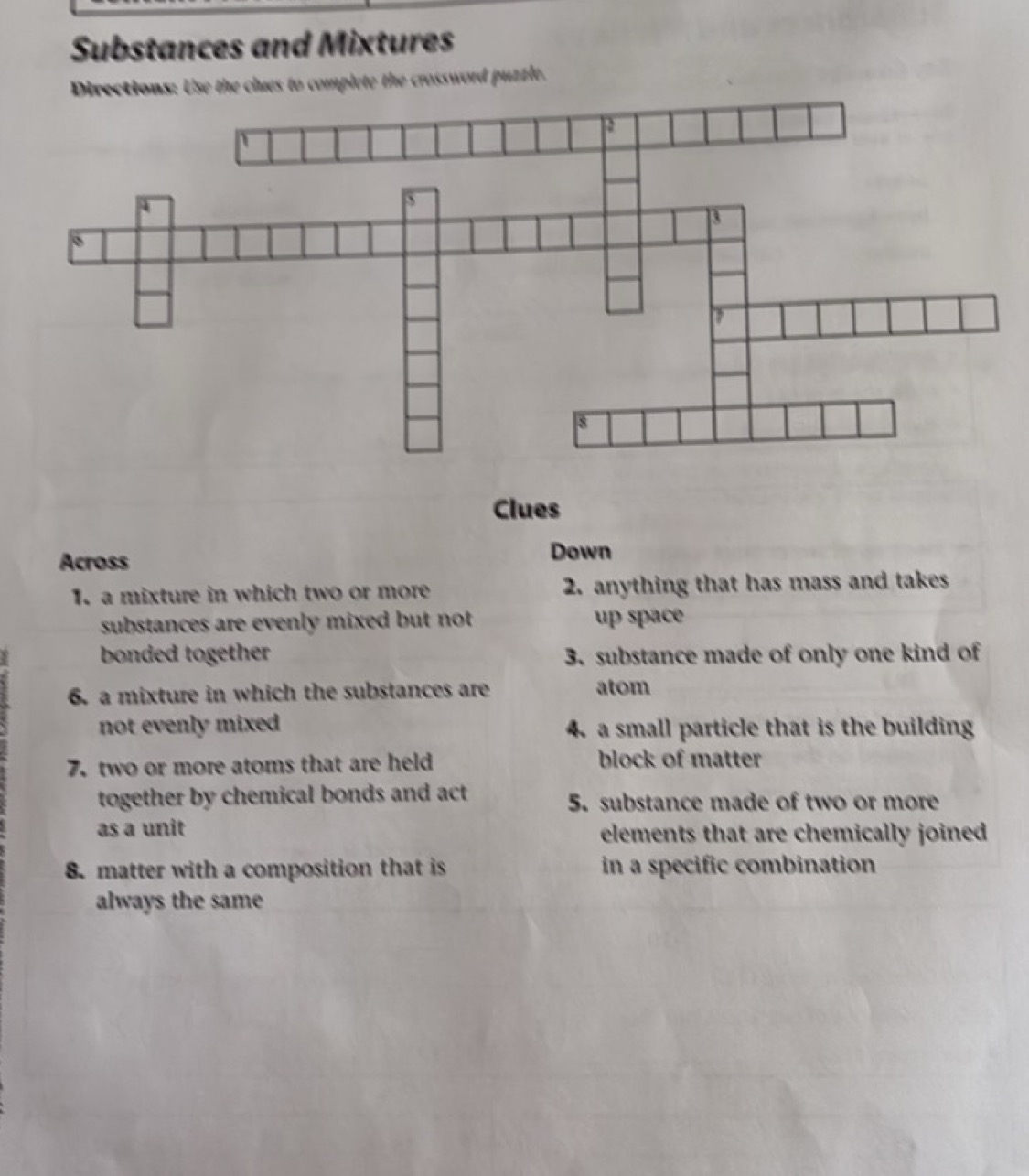 Substances And Mixtures Directions Use The Clues To Complete The Crosswo Substances And Mixtures Directions Use The Clues To Complete The Crosswo
