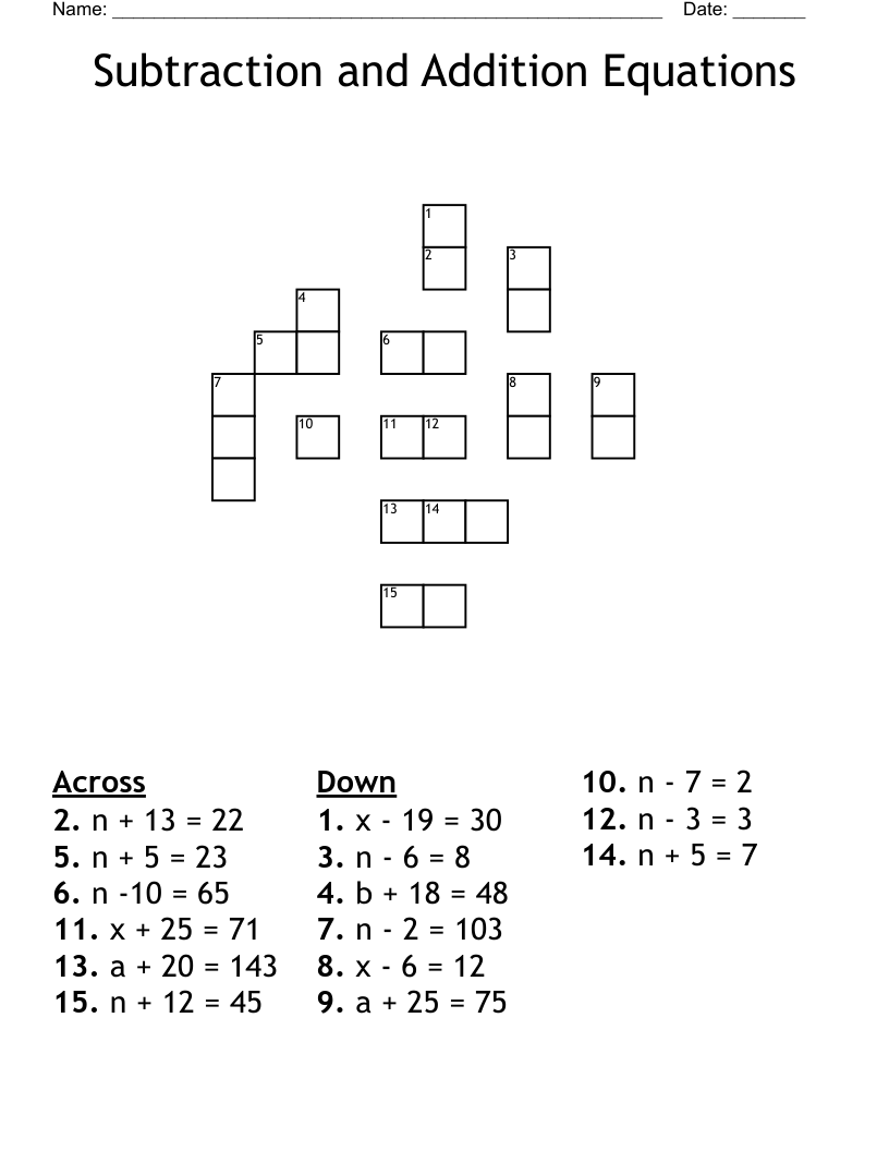 Subtraction And Addition Equations Crossword WordMint Subtraction And Addition Equations Crossword WordMint