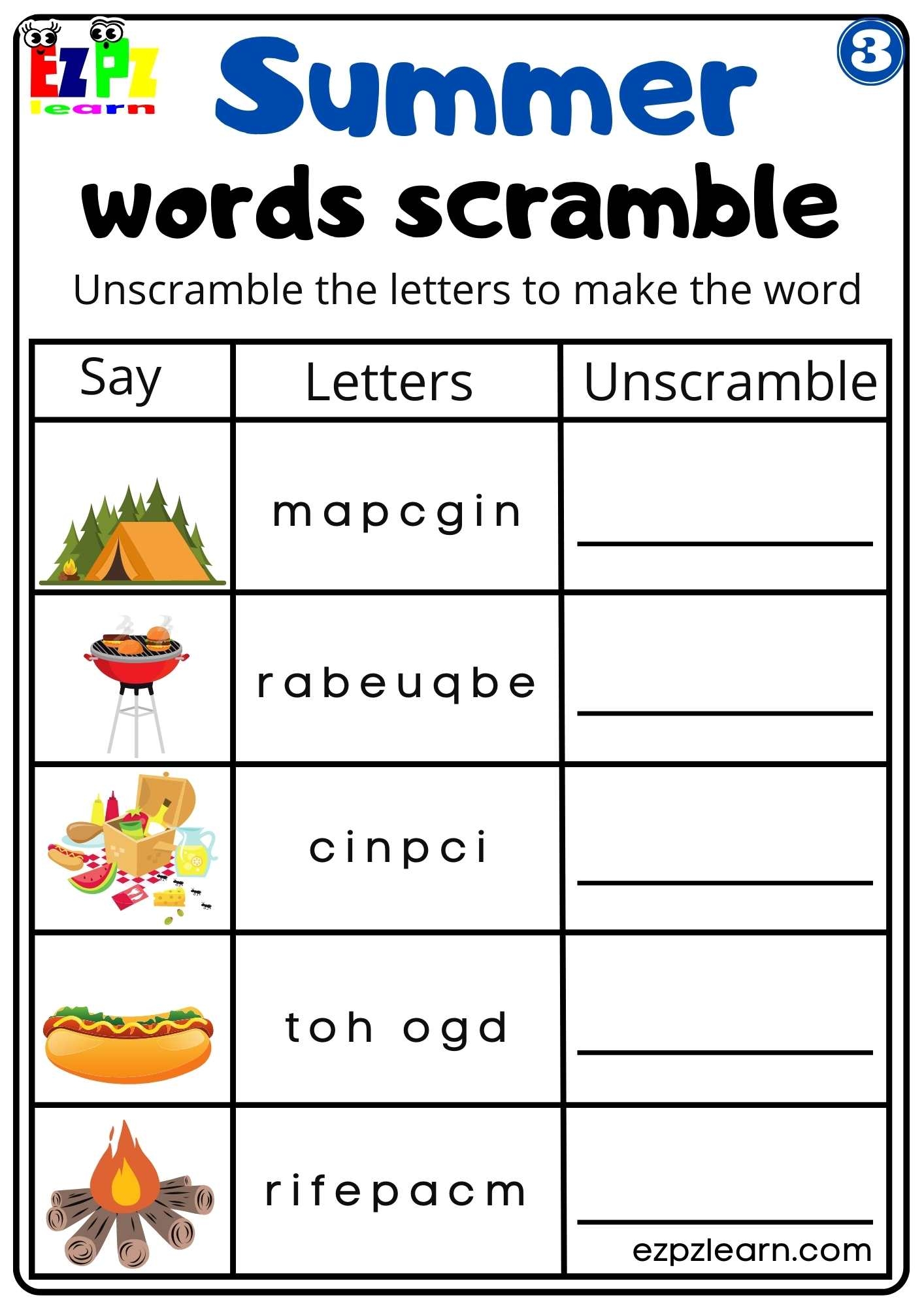 Summer And Beach Word Scramble Activity For Kids Set 3 Ezpzlearn Summer And Beach Word Scramble Activity For Kids Set 3 Ezpzlearn