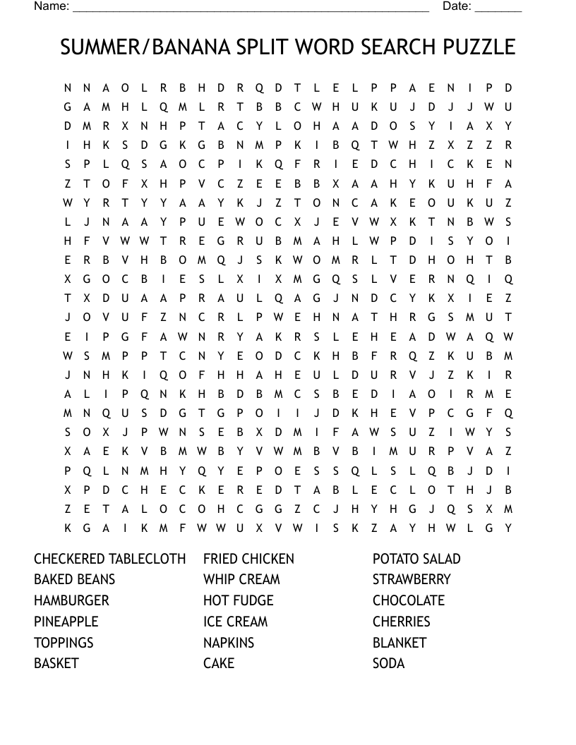 SUMMER BANANA SPLIT WORD SEARCH PUZZLE WordMint SUMMER BANANA SPLIT WORD SEARCH PUZZLE WordMint