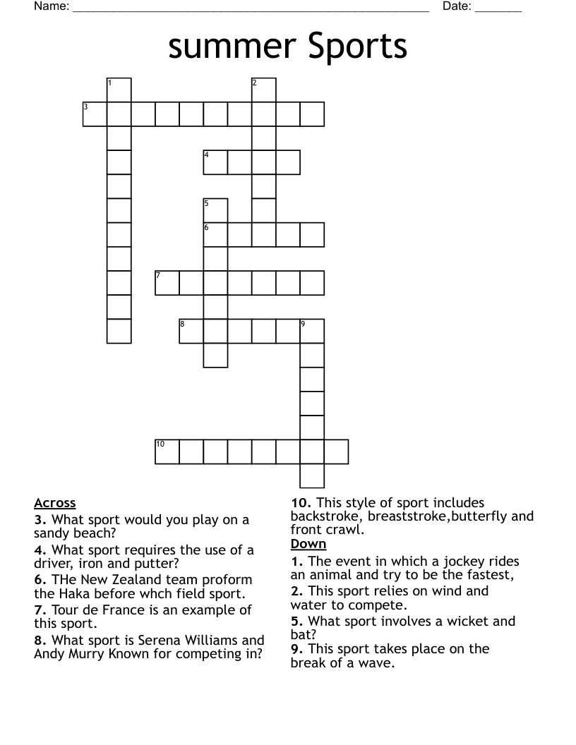 Summer Sports Crossword WordMint Summer Sports Crossword WordMint