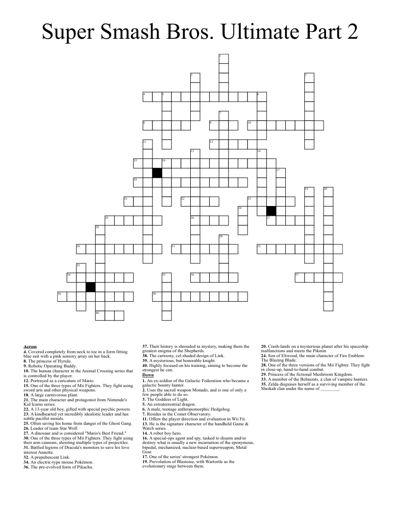 Super Smash Bros Ultimate Part 2 Crossword WordMint