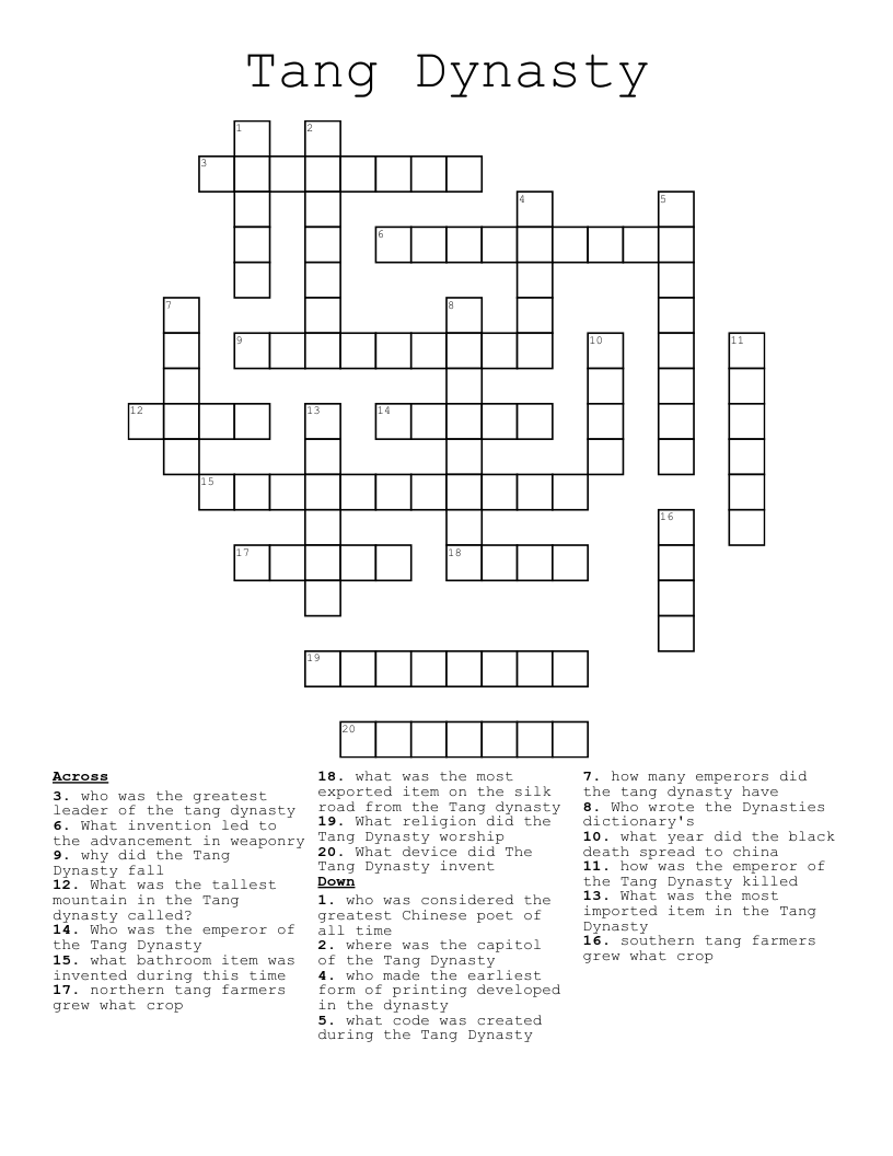 Tang Dynasty Crossword WordMint Tang Dynasty Crossword WordMint