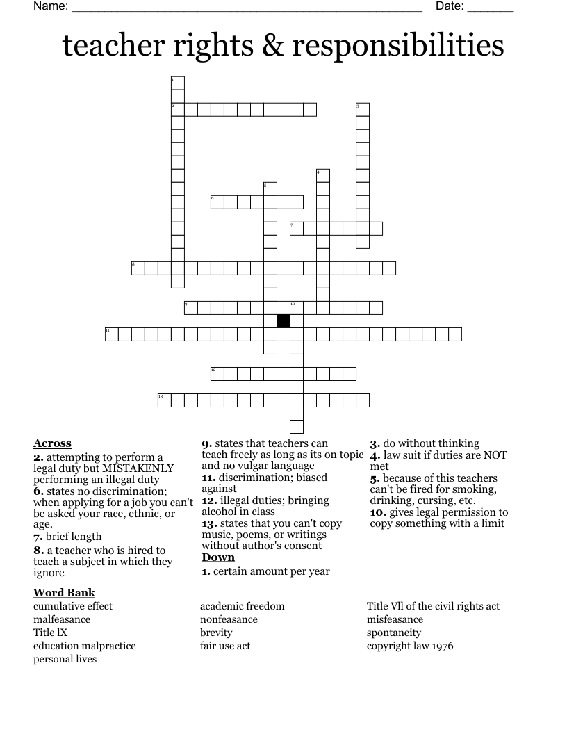 Teacher Rights Responsibilities Crossword WordMint