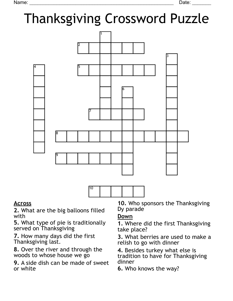 Thanksgiving Crossword Puzzle WordMint