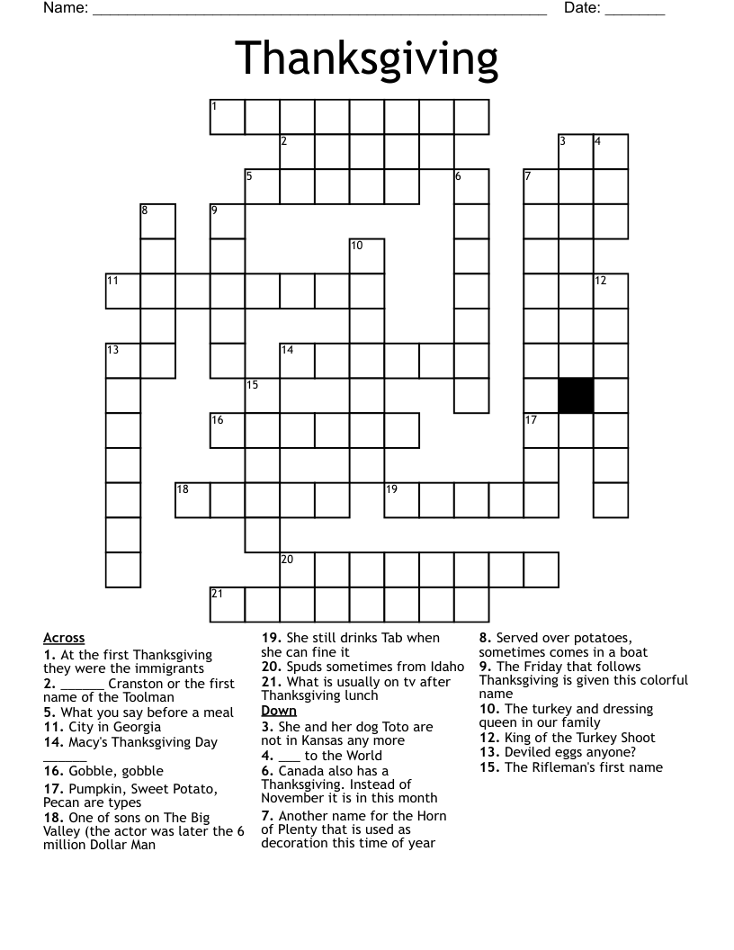 Thanksgiving Crossword WordMint Thanksgiving Crossword WordMint