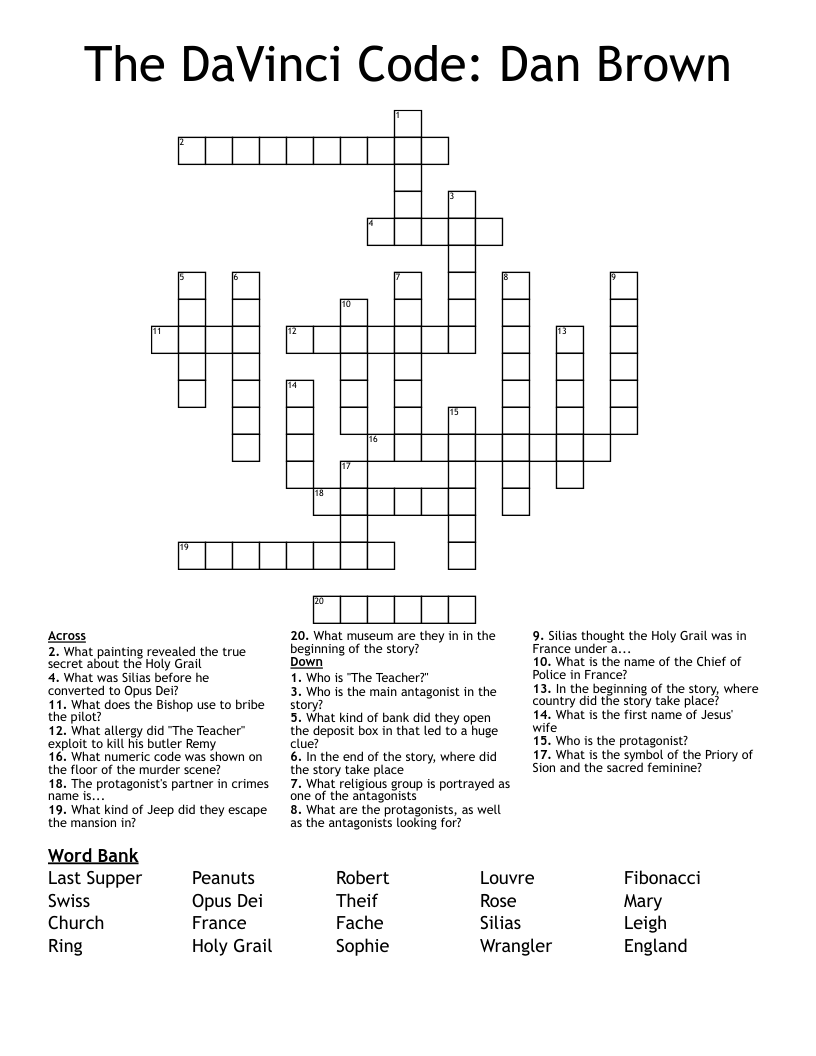 The DaVinci Code Dan Brown Crossword WordMint The DaVinci Code Dan Brown Crossword WordMint