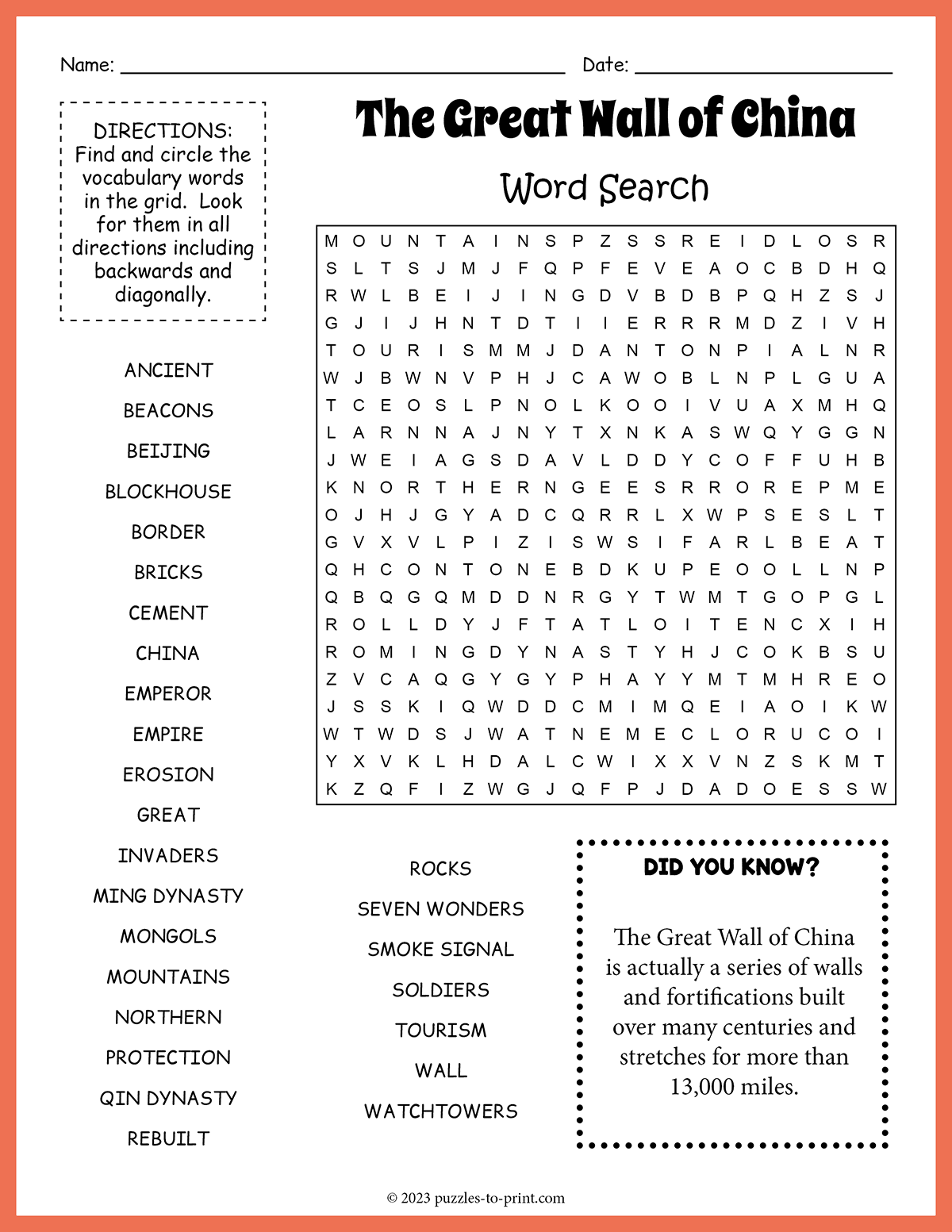 The Great Wall Of China Word Search
