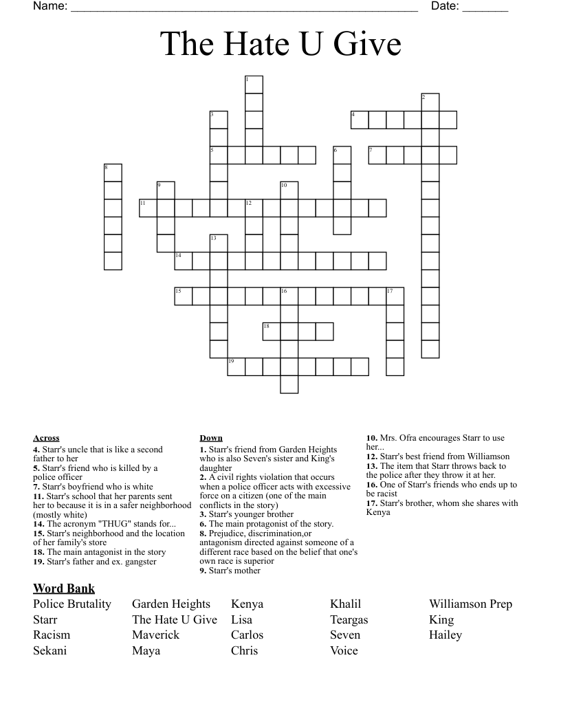 The Hate U Give Crossword WordMint The Hate U Give Crossword WordMint