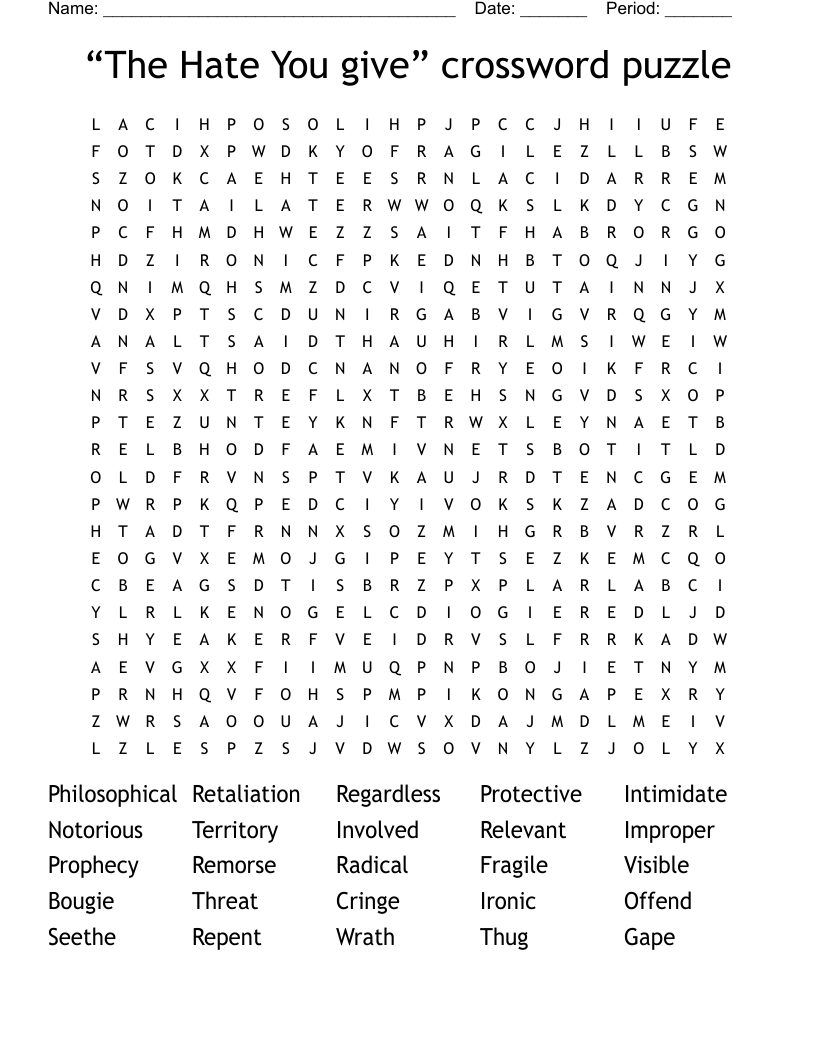 The Hate You Give Crossword Puzzle Word Search WordMint The Hate You Give Crossword Puzzle Word Search WordMint